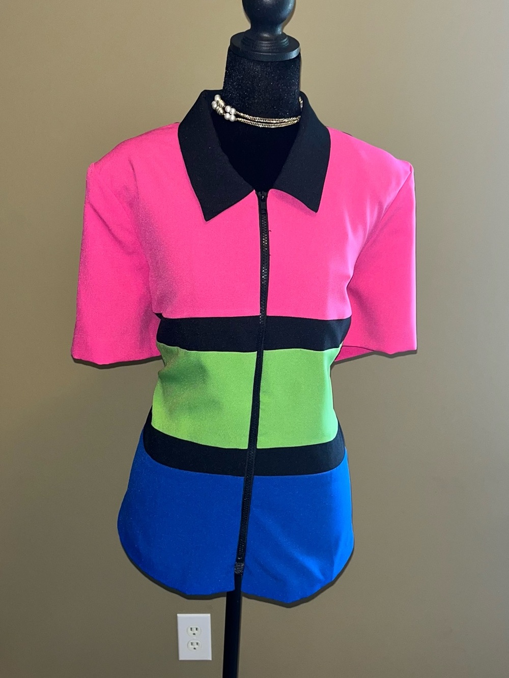 Colorblock Zip-Front Women's Top in Pink, Green & Blue